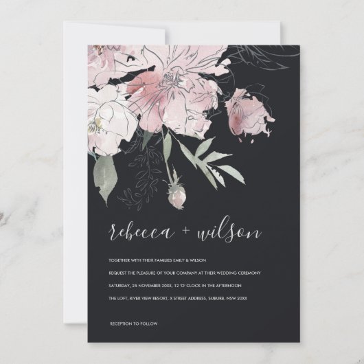 ZACTE ZWART WATERVERF FLORAL WEDDING INVITE BEDANKKAART (Voorkant)