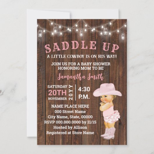 Zaddle Up a Little Cowgirl is haar Way Baby shower Kaart (Voorkant)