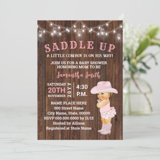 Zaddle Up a Little Cowgirl is haar Way Baby shower Kaart (Staand voorkant)