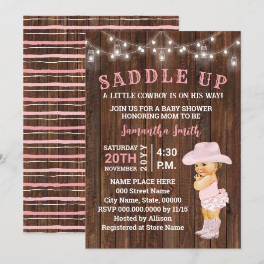 Zaddle Up a Little Cowgirl is haar Way Baby shower Kaart (Voorkant / Achterkant)