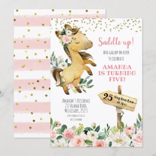 Zaddle up Girl Floral Horse Birthday Uitnodiging