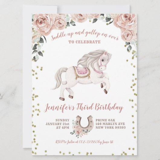 Zaddle Up Girl Pink Pony Birthday Uitnodiging (Voorkant)