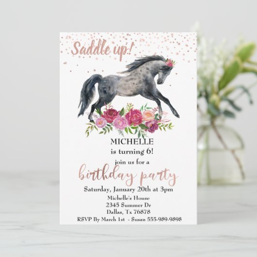 Zaddle Up Horse Birthday party roze Kaart (Staand voorkant)