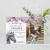 Zaddle up Horse Lover Floral Paars  Glitter Kaart (Staand voorkant)