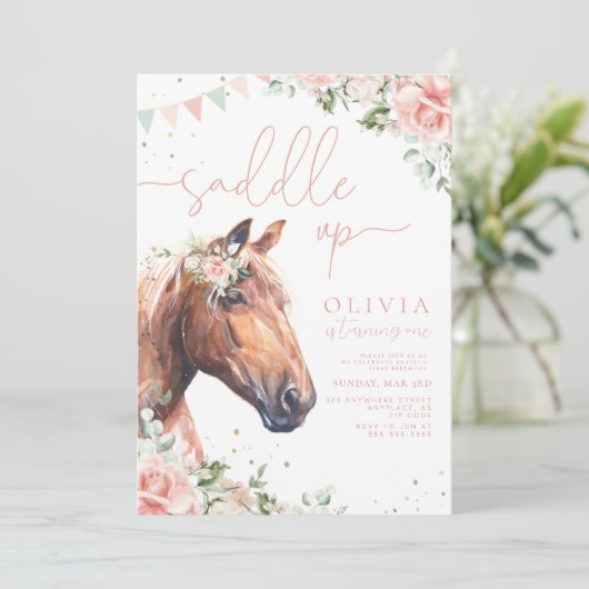 Zaddle up Horses Cowgirl Birthday Uitnodiging (Staand voorkant)