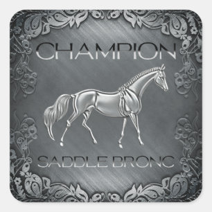 Zadel Bronc Kampioen Rodeo Gegraveerde Plaquette   Vierkante Sticker