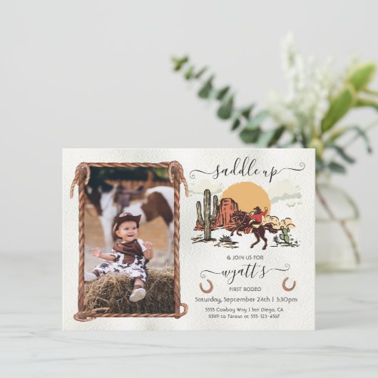 Zadel eerste Rodeo Cowboy foto verjaardagsfeestje Kaart (Staand voorkant)