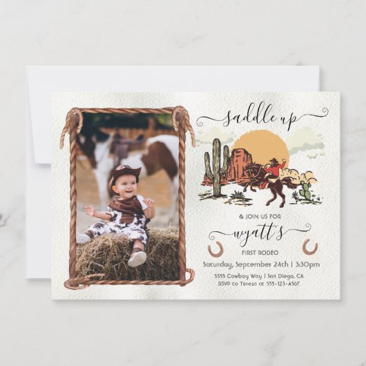 Zadel eerste Rodeo Cowboy foto verjaardagsfeestje Kaart (Voorkant)