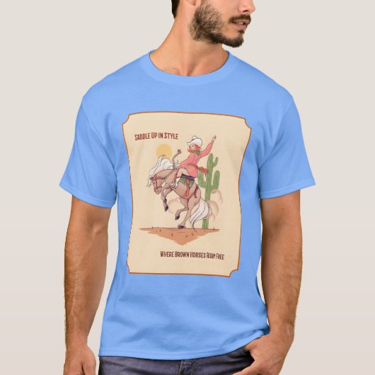 ZADEL IN STIJL WAAR BRUINE PAARDEN VRIJ RONDLOPEN T-SHIRT (Voorkant)