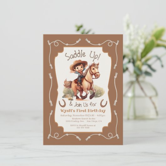 Zadel kleine Cowboy paard verjaardagsfeestje op Kaart (Staand voorkant)