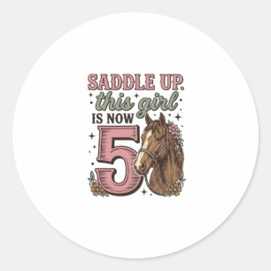 Zadel Meisje 5e Verjaardag Paard Cowgirl Shirt Ronde Sticker