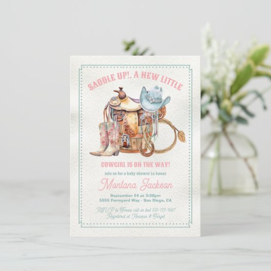 Zadel omhoog cowgirl baby shower kaart (Staand voorkant)