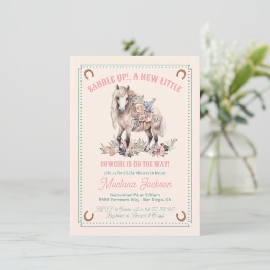 Zadel omhoog Floral Pony cowgirl baby shower Kaart (Staand voorkant)