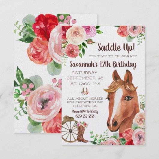 Zadel omhoog! Het is tijd om te vieren! Horse Birt Kaart (Voorkant / Achterkant)