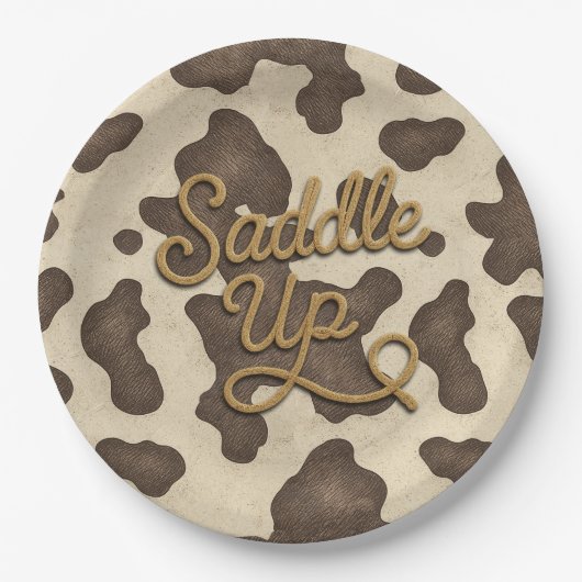 Zadel op Brown Cow Country Western Rodeo Feest Papieren Bordje (Voorkant)