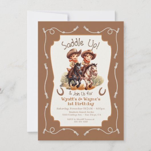 Zadel op kleine tweeling Cowboy paard verjaardagsf Kaart (Voorkant)