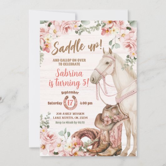 Zadel Paard Cowgirl Verjaardagsuitnodiging Kaart (Voorkant)