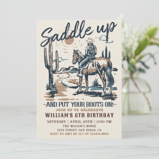Zadel Western Cowboy Verjaardagsfeestje op Kaart (Staand voorkant)