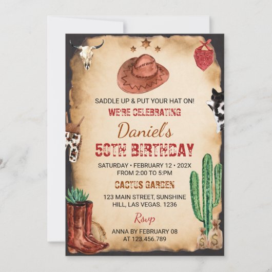 Zadel Westerne Rodeo Cowboy Verjaardagsuitnodiging Kaart (Voorkant)