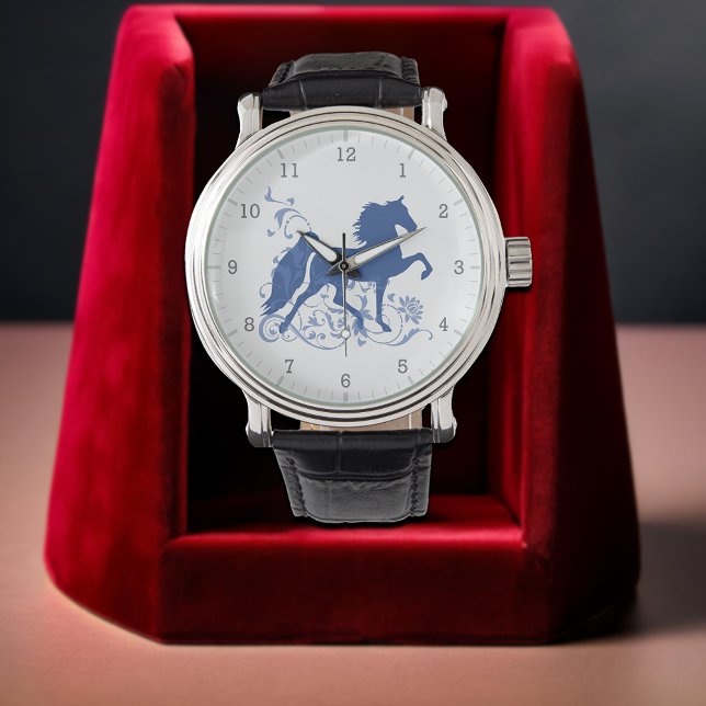 Zadelbred Five Gait Elegant Blauw Paard Ontwerp Horloge (Saddlebred Five Gait Elegant Blue Horse Design Watch)