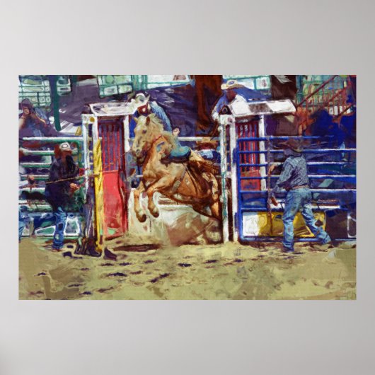 Zadelbrons breken uit Rodeo Chute w Cowboy Poster (Voorkant)