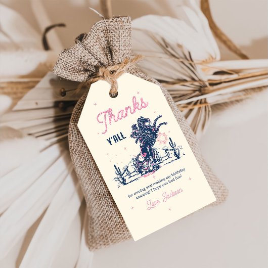 Zadelen eerste Rodeo Cowboy Verjaardag Dank u Cadeaulabel
