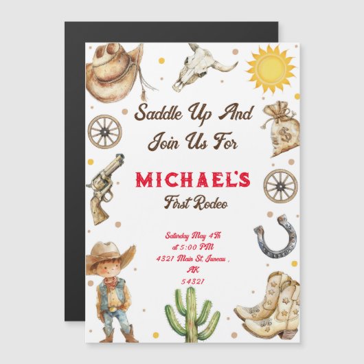 Zadelen eerste Rodeo Wild West verjaardag Magnetische Uitnodiging (Voorkant / Achterkant)