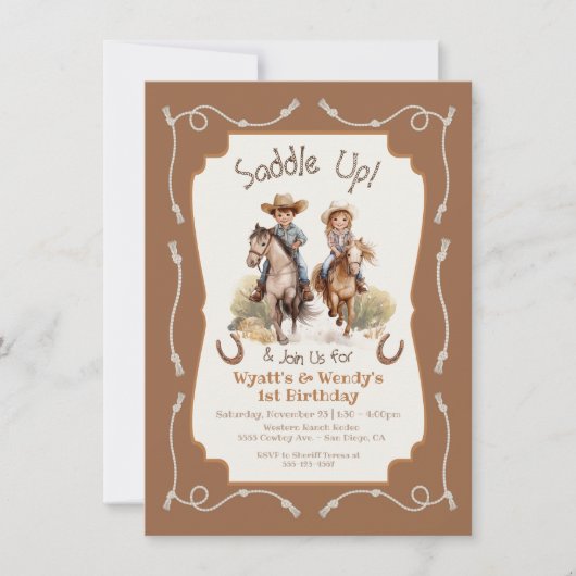 Zadelen kleine tweeling Cowboy Cowgirl verjaardag Kaart (Voorkant)