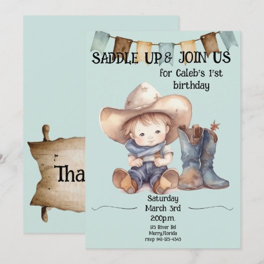 Zadelen op 1e verjaardag kleine cowboy kaart (Voorkant / Achterkant)