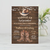 Zadelen Up Cowboy Boots Rustieke Verjaardag Hoedow Kaart (Staand voorkant)