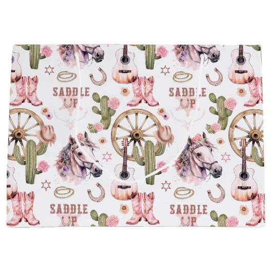 Zadelen Up Cowgirl Roze Westerne Gift Bag Groot Cadeauzakje (Voorkant)