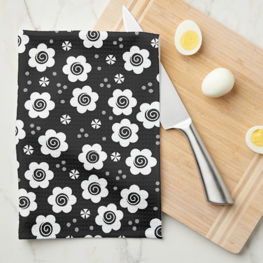 Zadelijke zwarte witte bloemen Handdoek (Quarter Fold)