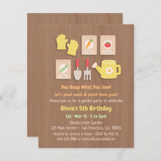 Zaden en tuinwerktuigen Kinderen van Birthday Part Kaart (Voorkant / Achterkant)