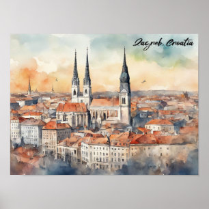 Zagreb Kroatië Stad Uitzicht Waterverf Poster