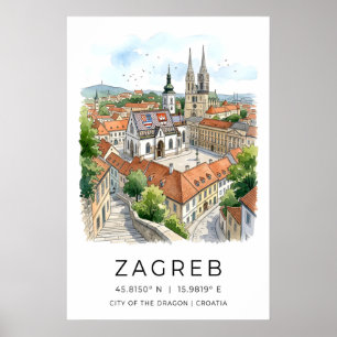 Zagreb Stad Aquarelprint, Kathedraalspitsen Poster