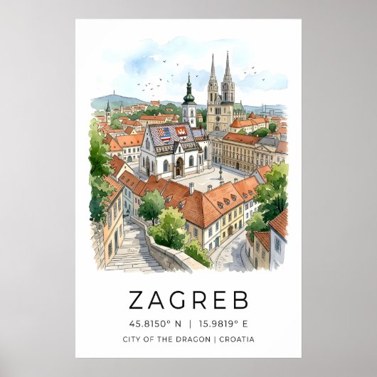 Zagreb Stad Aquarelprint, Kathedraalspitsen Poster (Voorkant)