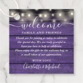 Zak met Paarse Bruiloft Welcome Gift in Rustieke S Bedankjes Labels (Voorkant)