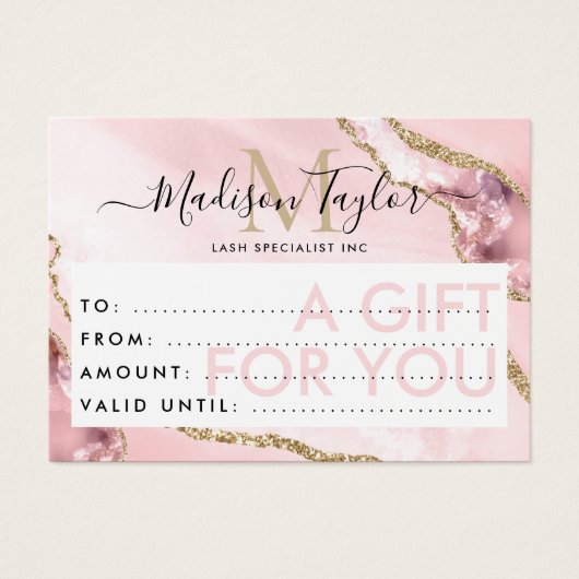 Zakelijk cadeaubon Roze Gold Glitter Agate Visitekaartje (Voorkant)