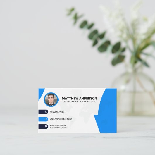 Zakelijk Contact | Wereldkaart | QR Code | Blauw Visitekaartje (Staand voorkant)