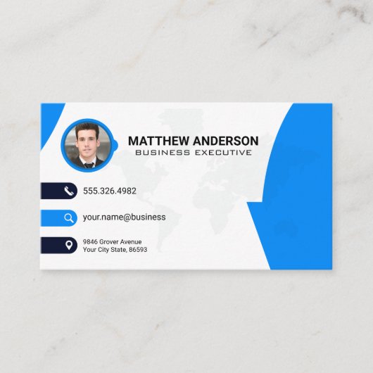 Zakelijk Contact | Wereldkaart | QR Code | Blauw Visitekaartje (Voorkant)