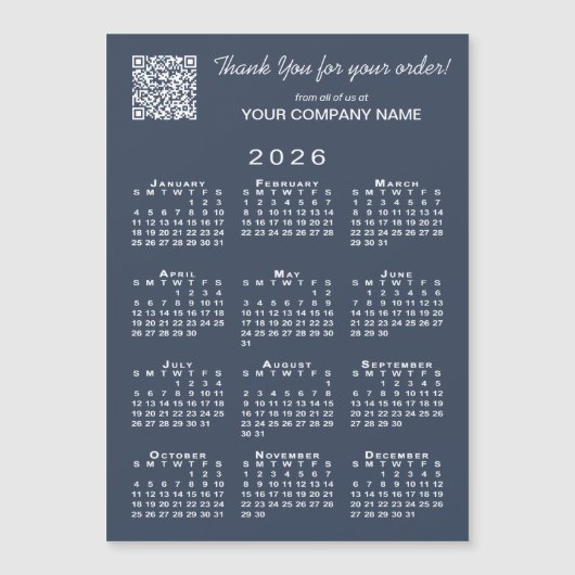Zakelijk Dank U QR Code 2026 Kalender Marine (Voorkant)