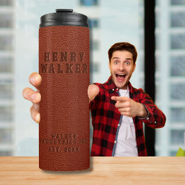 Zakelijk ingegraveerd bruin Vegan Leather Thermosbeker