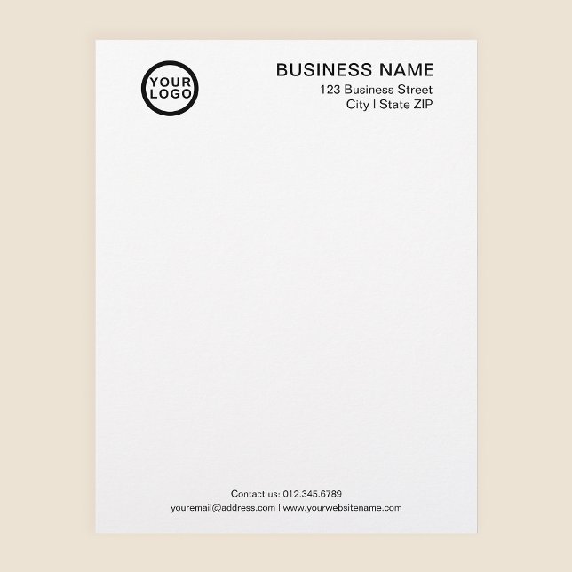 Zakelijk Logo Briefpapier Sjabloon Klassiek Wit Briefhoofd (Stylishly Personalize with Your Custom Logo, Business Name & Contact Information.)