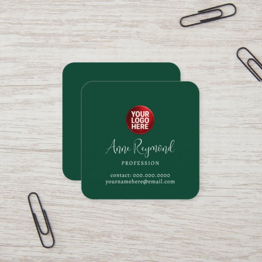 Zakelijk logo en scriptnaam groen vierkante visitekaartje (Voorkant / Achterkant in situ)