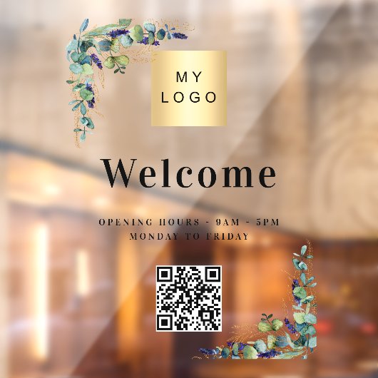 Zakelijk logo eucalyptus welkomst open QR-code Raamsticker (Vel 2)