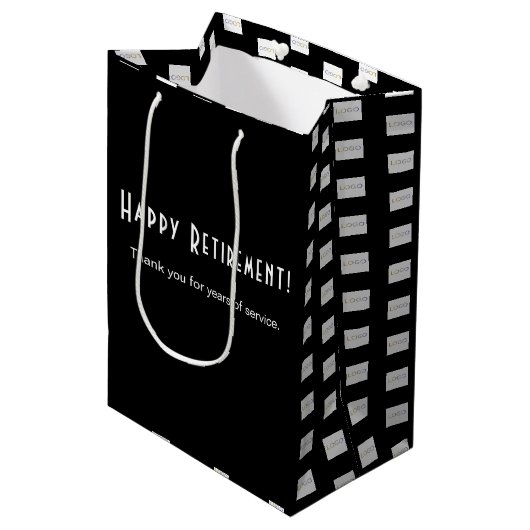 Zakelijk logo Happy Retirement Zwart en Wit Medium Cadeauzakje (Voorkant Gekanteld)