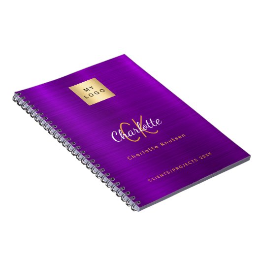 Zakelijk logo paars gouden monogram glamour notitieboek (Rechterzijde)