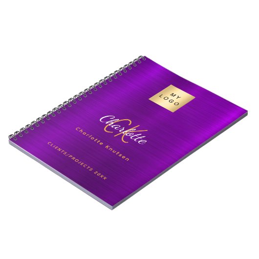 Zakelijk logo paars gouden monogram glamour notitieboek (Linkerzijde)