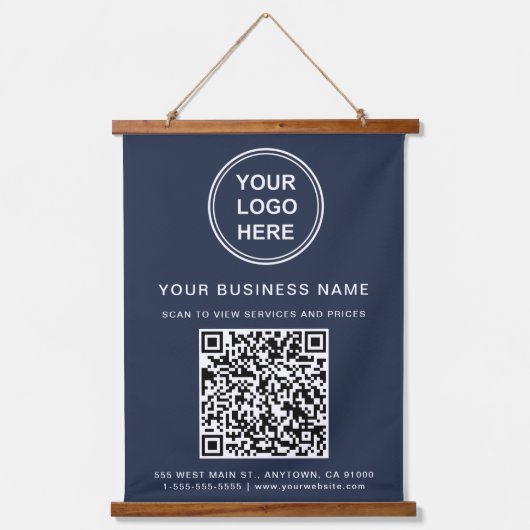 Zakelijk Logo QR Code Blauw Hangend Wandkleed (Voorkant)