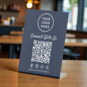 Zakelijk Logo QR Code Blauwe Tafelstandaard Reclamebord Met Voetstuk